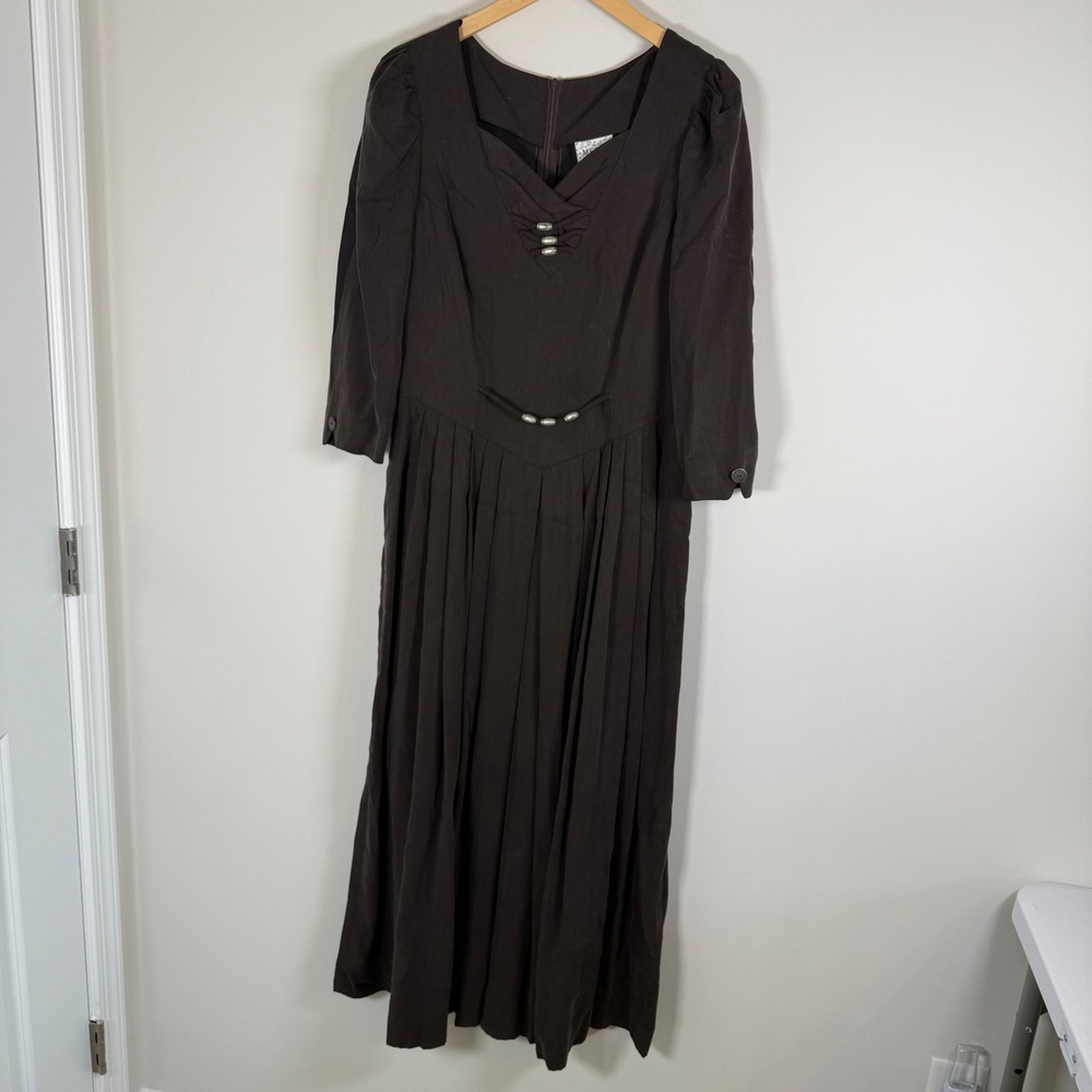 Meico LandHaus Look Vintage‎ VTG Pleated Puff Beaded Maxi Dress Gray Size 14